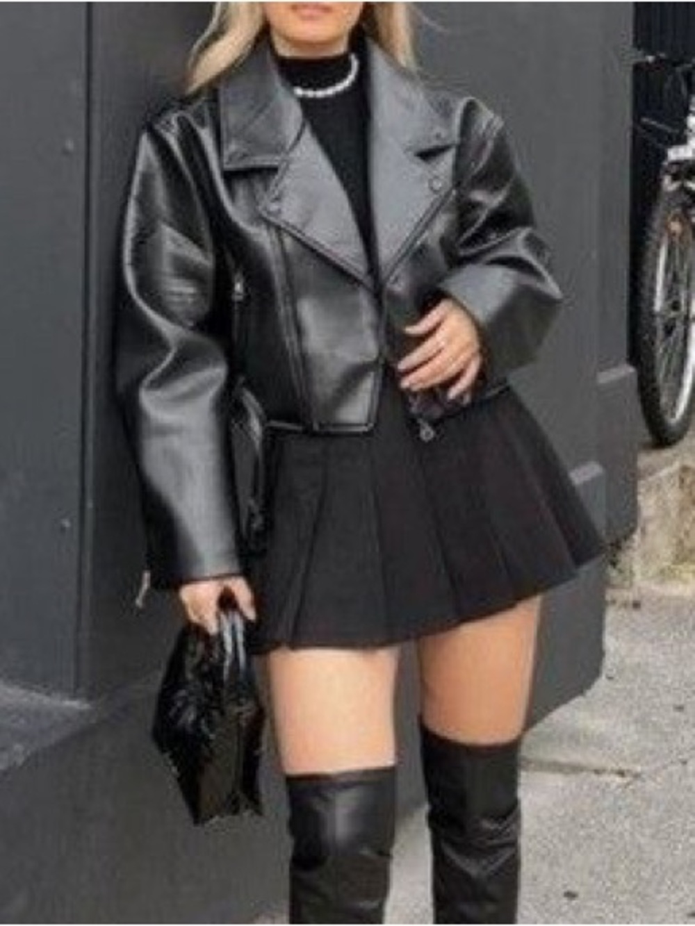 Black Faux Leather Cropped Moto Jacket - Women
